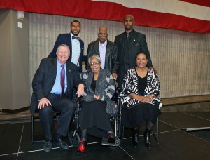 CSN President Michael Richards, seated on left, with former NSHE Regent June Whitley, in the middle, Hannah Brown, and in the back row from the left, former CSN student Jerrell Roberts, Lewis Whitley and CSN professor Arnold Bell.